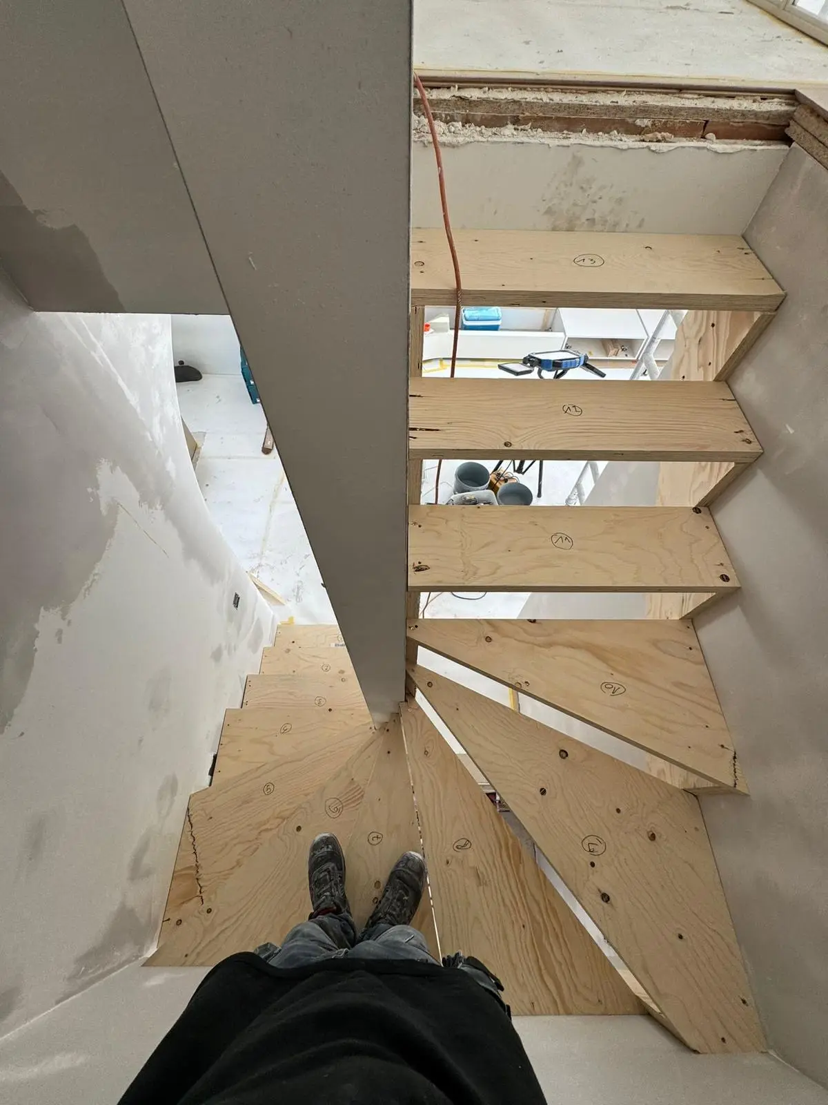 Structural staircase during installation, seen from above